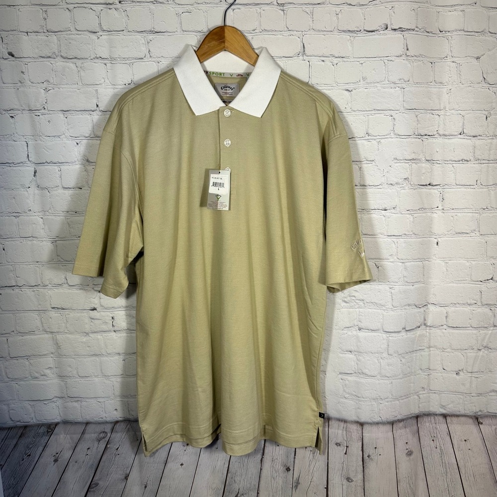 Callaway Golf Mens DrySport Polo Shirt Tan Khaki White Collar Large NWT‎